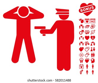 Arrest pictograph with bonus love pictures. Vector illustration style is flat iconic red symbols on white background.