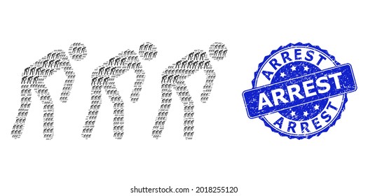 Arrest unclean round stamp seal and vector fractal collage slave people. Blue seal includes Arrest tag inside round shape. Vector collage is organized from scattered slave people icons.