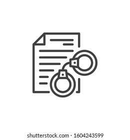 Arrest warrant document line icon. linear style sign for mobile concept and web design. Legal document with handcuffs outline vector icon. Symbol, logo illustration. Vector graphics