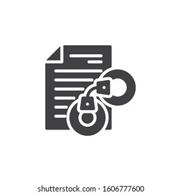 Arrest warrant document vector icon. filled flat sign for mobile concept and web design. Legal document with handcuffs glyph icon. Symbol, logo illustration. Vector graphics