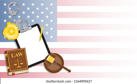 Arrest warrant on black tablet lies with police handcuffs and legal book, gavel and golden badge on United States flag background. Vector flat lay illustration. Template for business card or banner