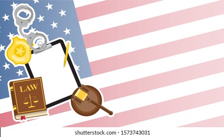 Arrest warrant on black tablet lies with police handcuffs and legal book, gavel and golden badge on United States flag background. Vector flat lay illustration. Template for business card or banner