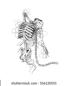 Arrested abstraction from Human Skeleton, Hand Drawn Sketch Vector illustration. 