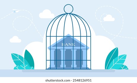Arrested bank. Building of bank in bird cage. Bankruptcy concept. Ruined banking. Banking collapse. Financial crisis. Bankruptcy icon. Vector illustration