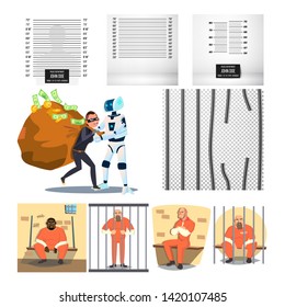Arrested Character Criminal And Prison Set Vector. Measure Wall For Photo Arrested People In Police Department, Robot Cop Stopped Malefactor And Broken Cell. Flat Cartoon Illustration