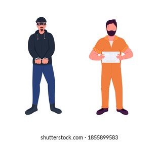 Arrested criminal flat color vector faceless character set. Robber for mugshot. Man in handcuffs. Law and justice isolated cartoon illustration for web graphic design and animation collection