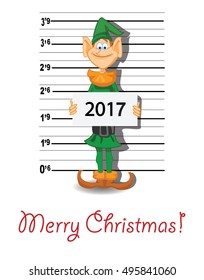 Arrested Elf. Christmas greeting card with cartoon elf