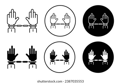 Festgenommenes Symbol-Set. kriminelles Handschellen-Vektorsymbol. Sklaverei Gefängnis Hand Manschettenzeichen in schwarz gefüllt und umrissen Stil.