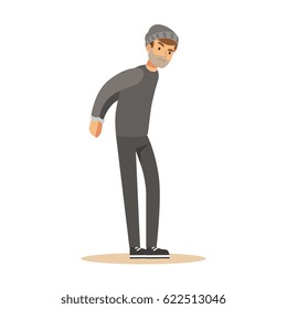 Arrested man in handcuffs with hands behind back. Colorful cartoon character vector Illustration