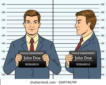 Arrested man photo in police station pop art retro vector illustration. Comic book style imitation.