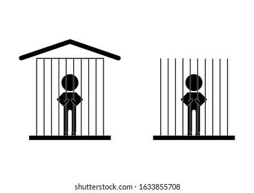 Arrested man . prisoner, terrorists are locked in prison. Vector icon. Silhouette symbol. Negative space, Law enforcement and criminal justice symbol.