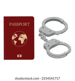 Arrested person concept. Handcuffs and passport isolated on white background. Vector