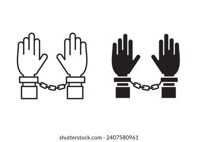 detenido prisionero con colección de iconos de contorno de bloqueo de esposas o conjunto. bloqueo policial o cárcel con esposas de mano Arte de línea vectorial delgado
