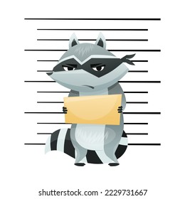 Arrested Raccoon Burglar with Striped Tail Wearing Mask Taking Mug Shot or Police Photograph Vector Illustration
