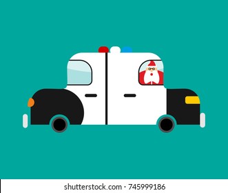 Arrested Santa Claus in police car. Festive arrest. Disturbance of calm. Vector illustration