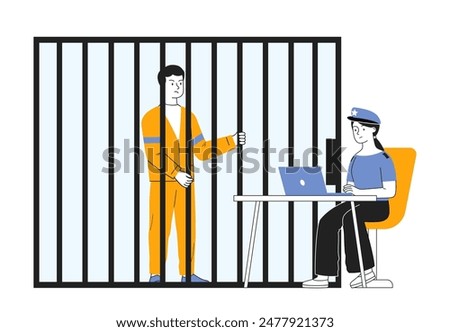 Arrested thief concept. Man in prison robe sits behind bars. Police guard with prisoner. Criminal in prison under arrest. Linear flat vector illustration isolated on white background