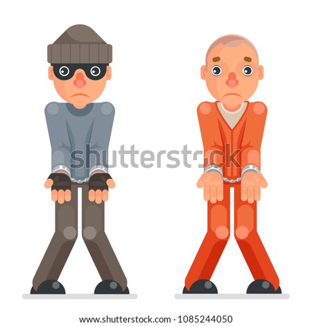 Arrested thief prisoner criminal hands handcuff caught evil greedily cartoon rogue character captured flat design isolated vector illustration