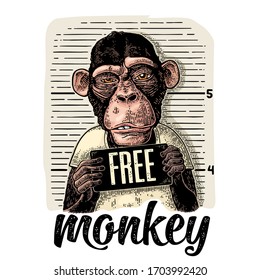 Arrested in a T-shirt holding a police department table. Free Monkey lettering. Vintage color engraving illustration for poster.