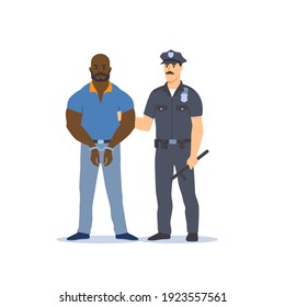 Arresting the criminal. Police officer in uniform holding male criminal in handcuffs. Vector illustration.