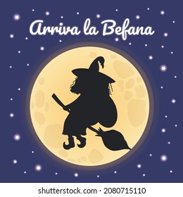 Arriva la Befana - Italian translation - Befana Arrives. Cute Witch Befana tradition Christmas Epiphany character in Italy flying on broomstick. Full moon on dark night sky background. 