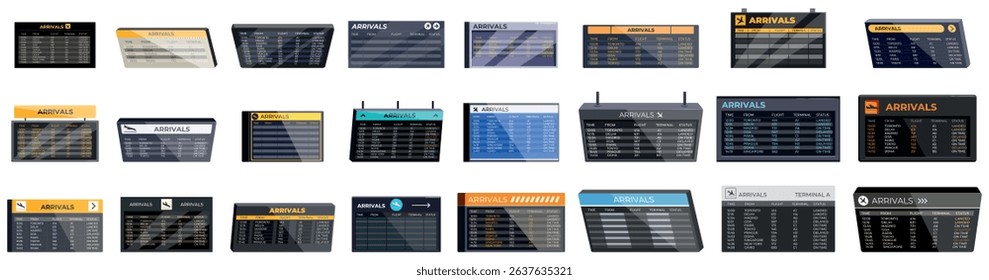 Arrival airport board icons set. Airport arrival board displaying real time flight data for incoming flights, providing updates on estimated arrival times