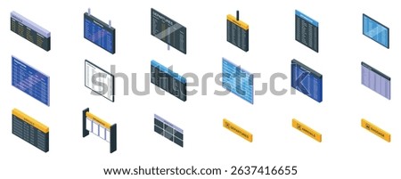 Arrival airport board icons set. Isometric set of airport timetable icons showing arriving and departing flights, delays, and baggage claim