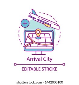 Arrival city concept icon. Flight destination idea thin line illustration. Landing airplane. Travel, journey. Plane flying down. Departure point. Vector isolated outline drawing. Editable stroke