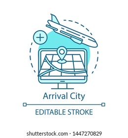 Arrival city concept icon. Flight destination idea thin line illustration. Landing airplane. Travel and journey. Departure point. Plane flying down. Vector isolated outline drawing. Editable stroke