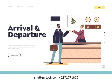 Arrival And Departure Concept Of Landing Page With Male Visitor At Hotel Reception In Lobby. Receptionist Help Guest Welcoming And Registering. Accommodation Service. Cartoon Flat Vector Illustration