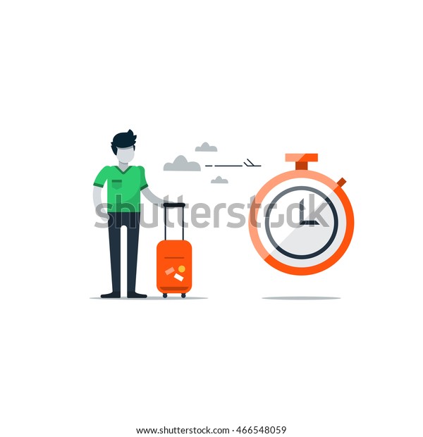 到着と出発の時間 空港の待ち受けエリア シーズン旅行 休暇期間のコンセプト チェックイン時間 フラットデザインイラスト のベクター画像素材 ロイヤリティ フリー