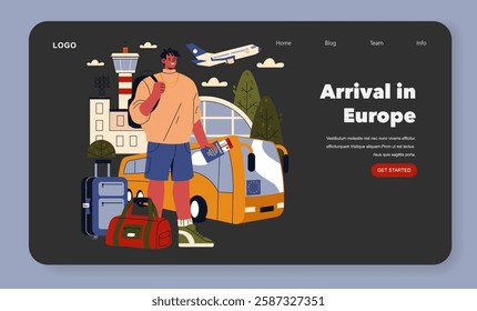 Arrival in Europe concept. A traveler arrives with excitement, surrounded by luggage, a bus, and an airport. This scene captures the thrill of new adventures and cultural exploration. Vector