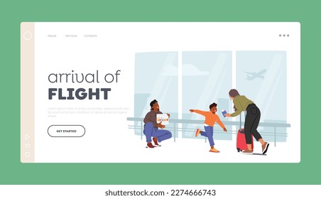 Arrival of Flight Landing Page Template. Father and Son Meet Mother in Airport After A Prolonged Separation. Joy Of Being Reunited With Loved Ones, Travel, Tourism. Cartoon People Vector Illustration