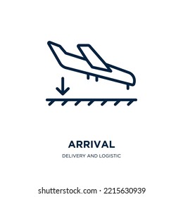 Ankunftssymbol aus Lieferung und Logistik-Sammlung. Dünne lineare Ankunft, neues, aufklebendes Symbol einzeln auf weißem Hintergrund. Line Vektor Ankunftszeichen, Symbol für Web und Mobile