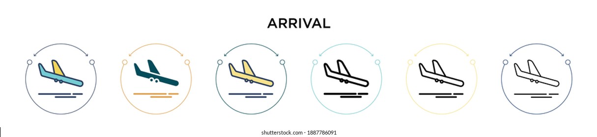 Arrival icon in filled, thin line, outline and stroke style. Vector illustration of two colored and black arrival vector icons designs can be used for mobile, ui, web