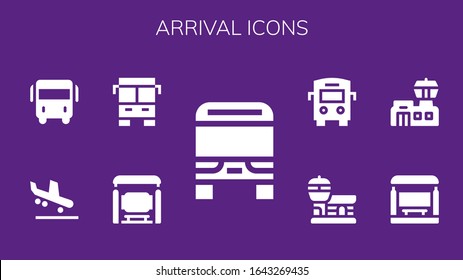 conjunto de iconos de llegada. 9 iconos de llegada rellenos.  Iconos modernos sencillos, como: Autobús, parada de autobús, llegada, aeropuerto