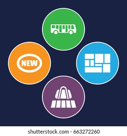 Arrival icons set. set of 4 arrival filled icons such as luggage belt, airport bus, lugagge