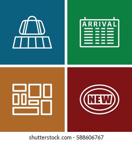 arrival icons set. Set of 4 arrival outline icons such as luggage belt, arrival table, lugagge