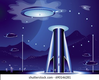 The arrival of an interplanetary spaceship and passengers aliens landing at an aerodrome of the future