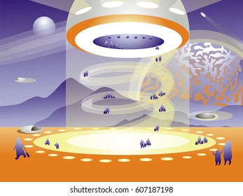 Arrival and landing of the passenger interplanetary ship of the future.  Space landscape.