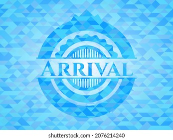 Arrival light blue emblem with mosaic ecological style background. 