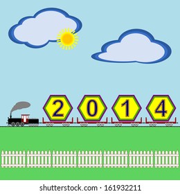Arrival of New Year 2014 - A concept depicting the arrival of the New Year 2014 in a steam locomotive powered freight train against a pleasant countryside background.