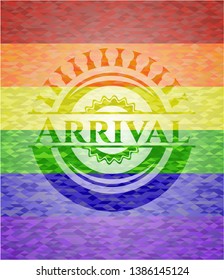 Arrival on mosaic background with the colors of the LGBT flag