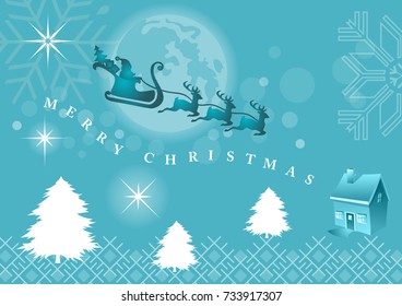 The arrival of Santa Claus in a winter landscape.
In blue turquoise colors, Santa on his sleigh will bring presents in the cottage. On the background, stars and snowflakes. English text.