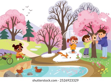 Arrival of spring. Early spring. Sakura blossoming. Taking Care of Nature. Change of four seasons concept. Four times of year in one picture  Spring, summer, fall and winter various seasons vector