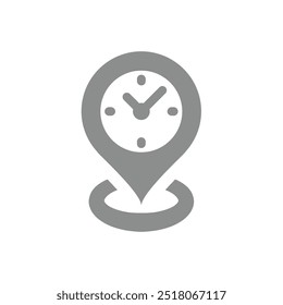 Hora de llegada con reloj y pin de mapa. Icono de Vector de marcador de ubicación de destino.