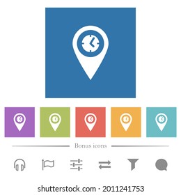 Arrival time GPS map location flat white icons in square backgrounds. 6 bonus icons included.