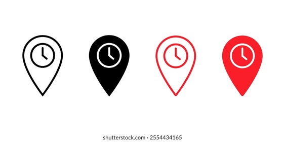 Arrival time icon. Map pin and clock sign symbol