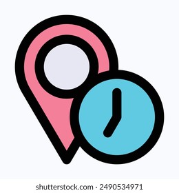 Arrival Time, Location And Time Vector Icon, Isolated Lineal Color Vector Icon.
