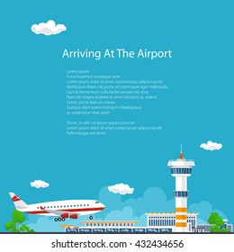 Arrivals at Airport Background , Control Tower and Airplane ,  Travel and Tourism Concept , Air Travel and Transportation , Vector Illustration