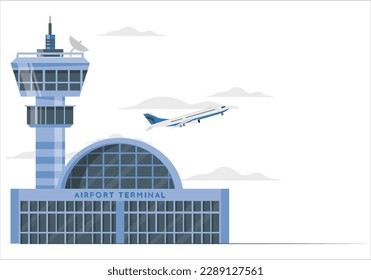 Arrivals at Airport, Control Tower and Airplane on the Background of the City, Travel and Tourism Concept , Air Travel and Transportation. Airport Air Traffic Control Tower Building.